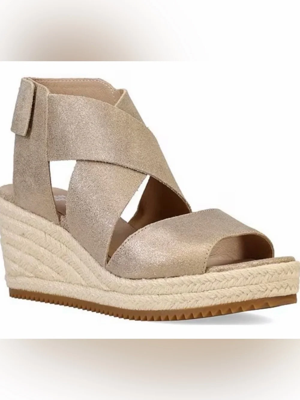 Eileen Fisher Willow Metallic Champagne Platform Wedge Espadrille Sandals 7.5
